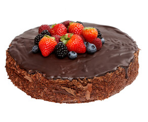 Chocolate cake with strawberries and other fruits.