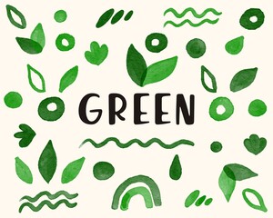 Abstract art green watercolor background with leafs and minimalist organic shapes. Spring pattern. Design template banner, poster or social media for green eco friendly concept. Vector illustration.