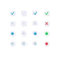 Checkboxes for media UI elements kit. Tick option. Settings isolated vector icon, bar and dashboard template. Web design widget collection for mobile application with light theme interface