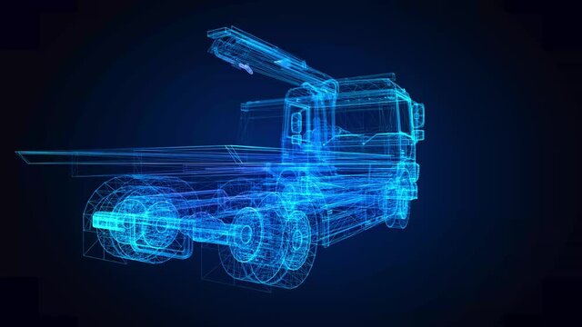 Tow car. Glow points and line formation of tow truck. 4k animation. Breakdown crane with with a platform for transporting cars. Digital technology visualization of 3d.