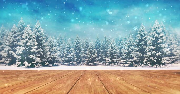 Winter snowfall over forest at bright daylight. Light brown wooden deck for advertisement location. Winter holiday season 4k video loop able background.