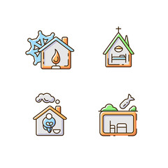 Temporary supportive housing RGB color icons set. Warming center. Religious shelter. Church. Undeground. Safety. Supportive housing. Homeless shelter. Bunker. Isolated vector illustrations