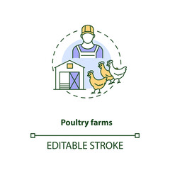 Poultry farms concept icon. Farm production types. Organic foods ranches. Animal meat production idea thin line illustration. Vector isolated outline RGB color drawing. Editable stroke