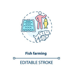 Fish farming concept icon. Sea foods production industry. Organic fishes growing. Aquaculture idea thin line illustration. Vector isolated outline RGB color drawing. Editable stroke