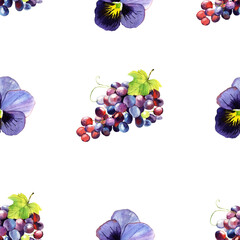 Seamless pattern illustration with grapes and viola tricolor flowers isolated on white background - 384841396