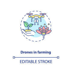 Drones in farming concept icon. Agriculture innovation. Technology in organic food production idea thin line illustration. Vector isolated outline RGB color drawing. Editable stroke