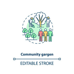 Community gargen concept icon. Healthy foods production fields. Inovational gardening. Urban farming idea thin line illustration. Vector isolated outline RGB color drawing. Editable stroke