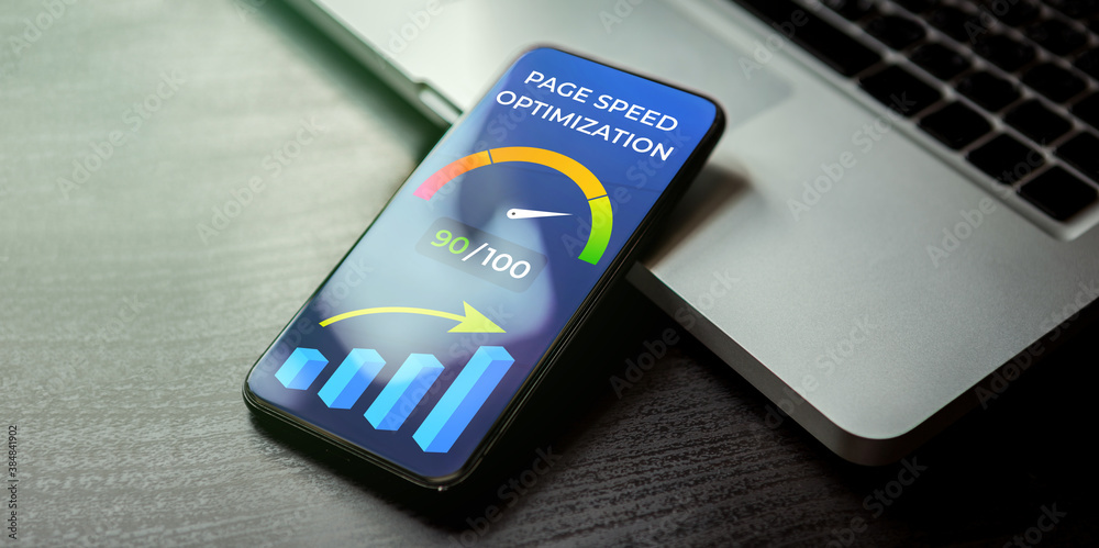 Poster mobile page speed optimization concept. website loading time image for internet seo. mobile phone ly