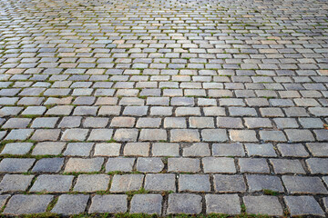 Neat paving stones with stones slightly wet from the rain. Wet pavement. Old cobblestone road,...