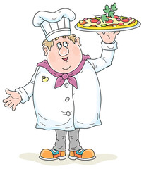 Smiling fat cook in a white hat and uniform for cooking, standing and holding a round dish with a freshly baked tasty pizza with cheese, tomatoes and olives, vector cartoon illustration