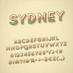 Sydney vintage 3d vector alphabet set. Retro bold font, typeface. Pop art stylized lettering. Old school style letters, numbers, symbols pack. 90s, 80s creative typeset design template