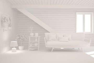 White living room with sofa and summer landscape in window. Scandinavian interior design. 3D illustration