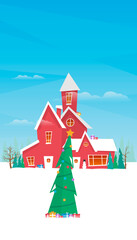 Merry Christmas background. Merry Christmas vertical background with small town picture. Winter in the city. Vector illustration.