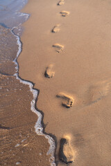 Fototapeta na wymiar Footprints of bare human feet on wet sand near the water's edge