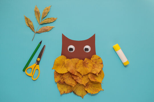 dry leaves applique art autumn. little child making autumn decoration "Owl" from leaves. Children's art project. DIY concept. Step-by-step photo instruction. Step 4