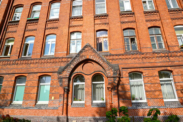Facade of the brick building of the former Lebenikht hospital (1903). Kaliningrad