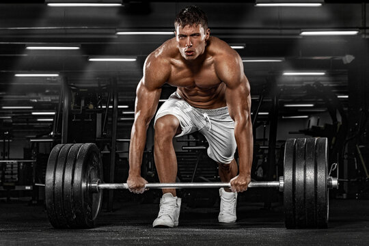 Muscular man athlete in fitness gym have havy workout. Fitness sports trainer on trainging with barbell.