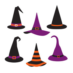 Halloween witch hats flat color vector icon set