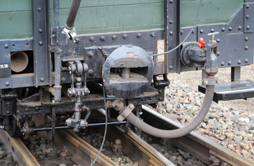 Details von Reisewagons, Kupplung und Puffer.