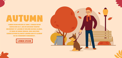 Vector autumn concept. A man in a beautiful autumn park walks his dog on a leash. Trash can, shop, lamp and trees from which leaves fall. Can be used for website and web banner.