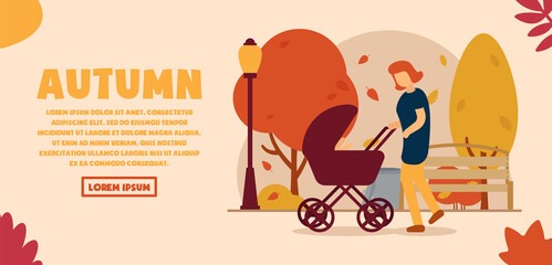 Vector autumn concept. A girl walks in an autumn park with a stroller in which a child lies. The kid reaches out for his mother. Can be used for website and web banner.