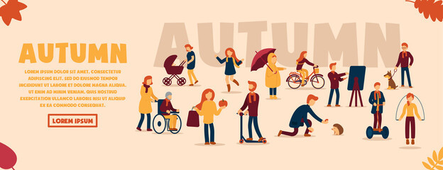 Vector autumn concept on isolated background. Autumn sports, mood inspiration. A girl rides a bicycle, a man feeds a hedgehog, a girl plays and jumps through puddles, a boy draws a picture. Web banner