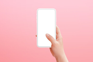 Fototapeta na wymiar Flat white phone mockup in woman hand. Pastel pink background