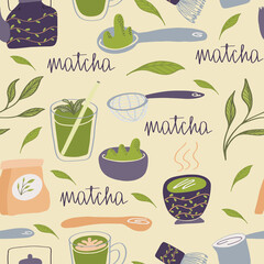Seamless pattern with matcha elements. Japanese ethnic and national tea ceremony. Matcha powder, macarons,  tea leaves, tea pot, mochi, bamboo spoon, tea. Hand drawn vector illustration. Flat design.