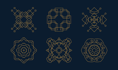 Logo design templates collection. Thin line abstract vector illustrations with editable strokes. Geometrical monogram, Art Deco, Arabic style linear ornament. Golden color icons isolated on background