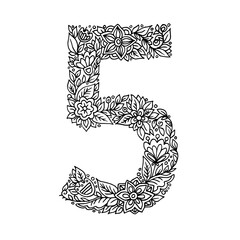 Floral number 5 made of leaves and flowers on white background. Typographic element for design. Hand drawn Vector isolated illustration on white background