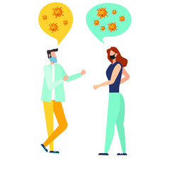 conversation of a man with a woman at the expense of a pandemic, communication of two people, vector illustration