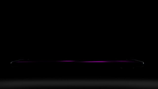 Horizontal position of cell phone in screen space up, side view, close-up. Silhouette of new generation smartphone, device appears as glowing purple line on black background, stylish 3D advertising