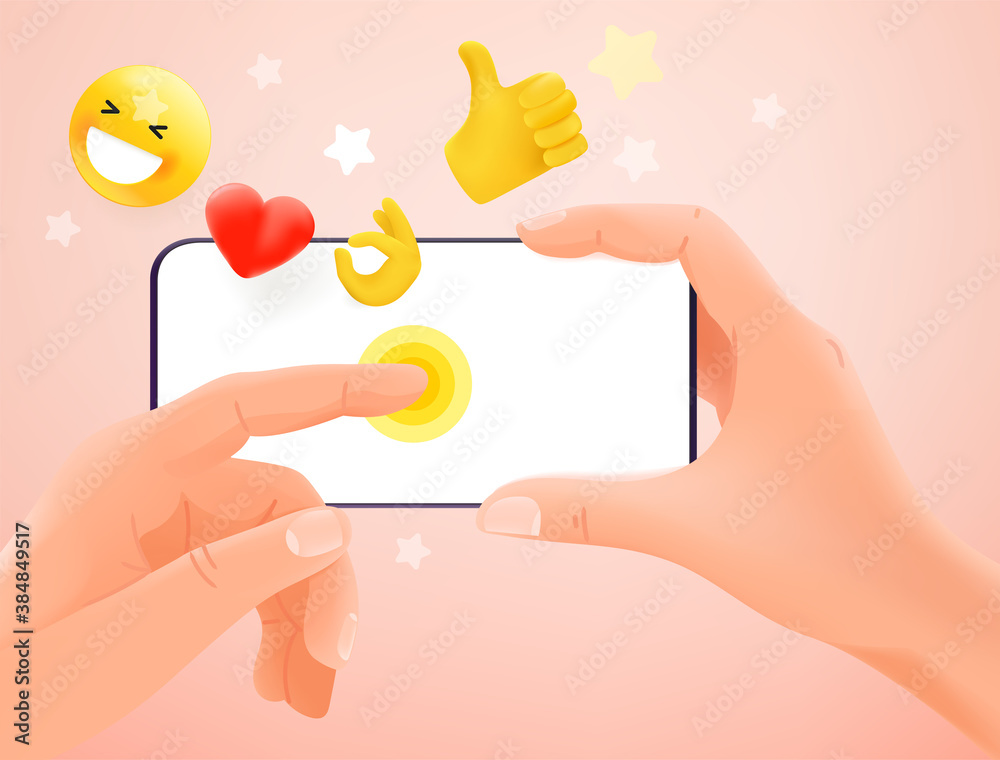 Poster using social network concept. hands holding modern smartphone and tapping on the screen