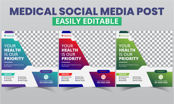 Medical Social Media Post Design premium layout for doctor & nurse promo.Morden abstract geometric social media Healthcare advertising template and square web banner digital marketing vector sets.