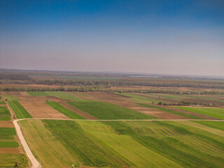 bird's eye view of colorful fields and meadows with a visible skyline, Serbia in the Balkans,