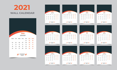 Wall calendar design 2021 template Set of 12 Months, Week starts Monday, Stationery design, calendar planner
