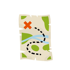 Treasure pirate map. Route with a red cross of the goal. The path and the road. Old paper sheet. Cartoon flat illustration