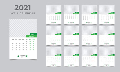 Wall calendar design 2021 template Set of 12 Months, Week starts Monday, Stationery design, calendar planner
