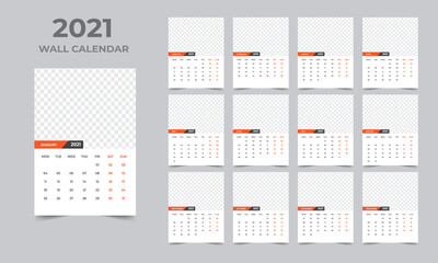Wall calendar design 2021 template Set of 12 Months, Week starts Monday, Stationery design, calendar planner
