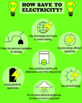 Ilustración vectorial para concientizar a las personas sobre el buen consumo energético, consejos prácticos y sencillos sobre cómo ahorrar energía, sobre un fondo verde claro 