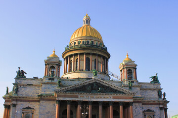 Fototapeta na wymiar Saint Isaac's cathedral or Isaakievskiy Sobor architecture in St Petersburg, Russia. Christian church building facade, largest cathedral in Russia
