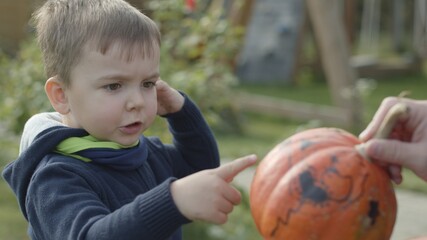 Fototapeta premium Portrait of little boy with pumpkin for Halloween