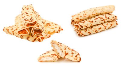 Pancakes with curd isolated on white background.