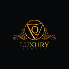 Luxury Logo Design Template For Letter Q. Logo Design For Restaurant, Royalty, Boutique, Cafe, Hotel, Heraldic, Jewelry, Fashion. Golden Calligraphy Badge For Letter Q.With Arranged Layers