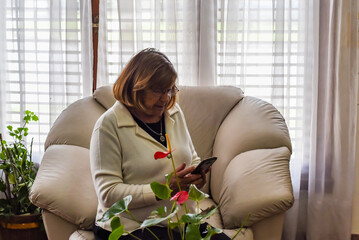 older woman in the comfort of her home using her smartphone to connect with new technologies