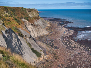 Fototapeta na wymiar North of Robin Hood's Bay in Yorkshire, UK, low tide reveals the plateau of the Cleveland Ironstone Formation beneath coastal cliffs of the Whitby Mudstone Formation - both part of the Cleveland Basin
