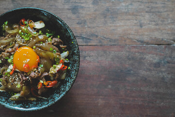 Beef Rice Bowl Which has been inspired by rice bowls from Japan, applied by adding pine chili to enhance the Thai cuisine