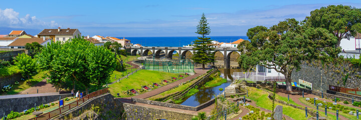 Panoramic cityscape view to Municipality and central square of Ribeira Grande, Sao Miguel, Azores