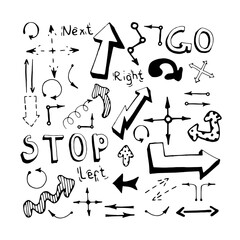 Set of Hand drawn vector arrows doodle on white background. Design elements vector illustration, includes words: stop, right, left, go