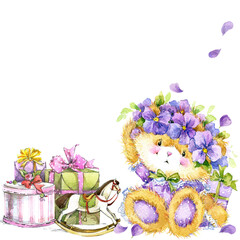 Fototapeta premium cute teddy bear for kid birthday background . watercolor illustration